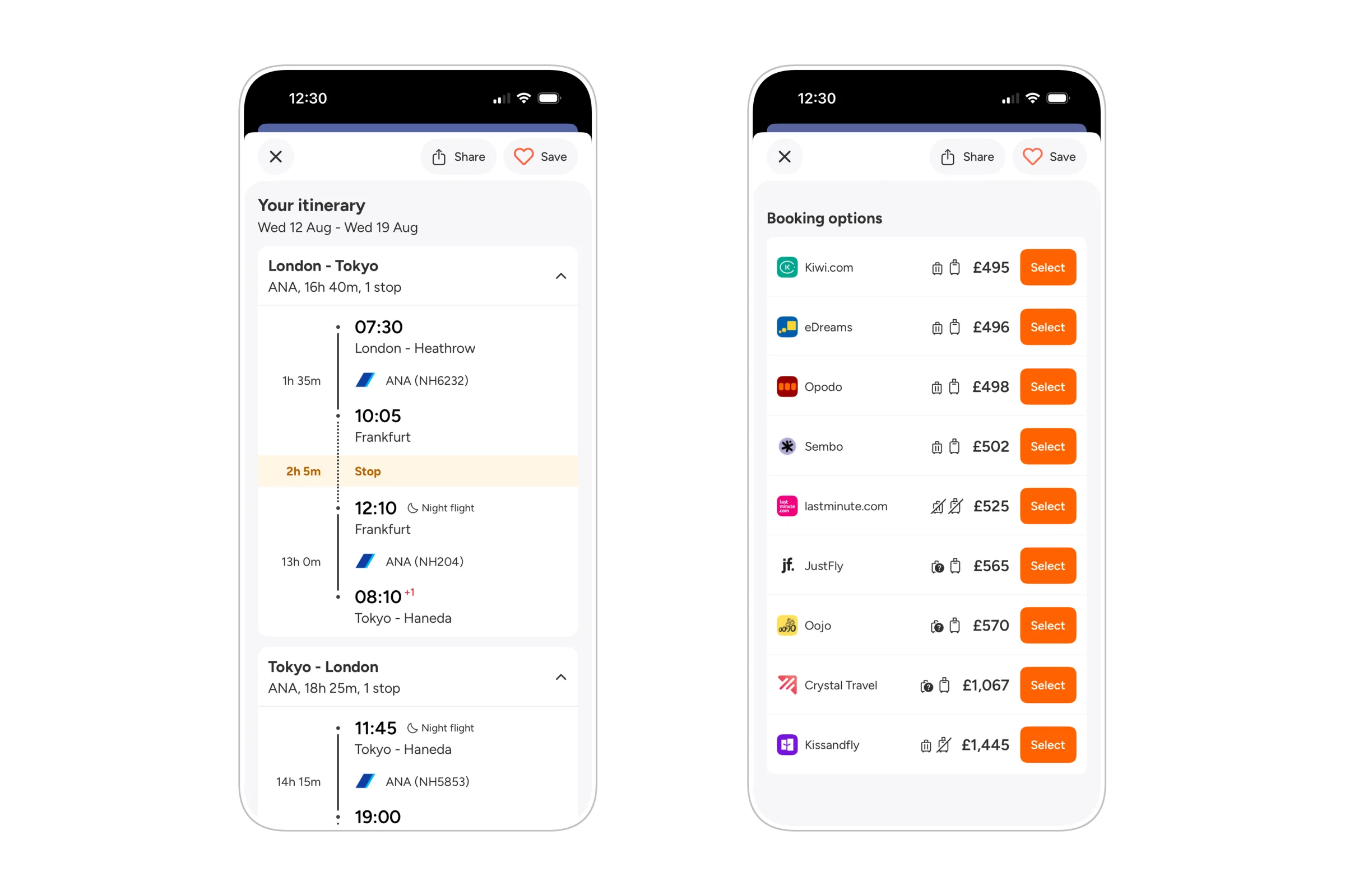 Itinerary page and booking options