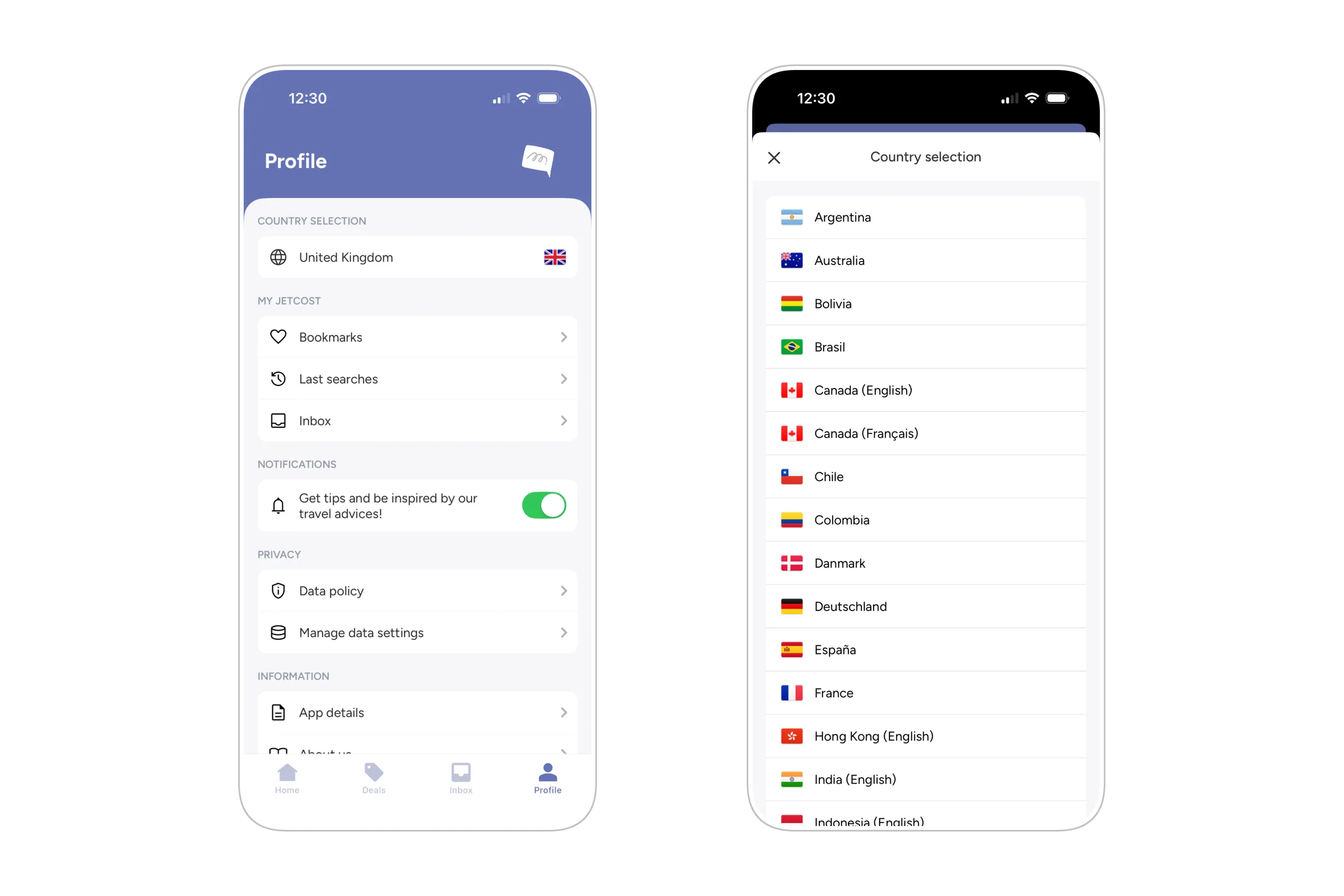 User profile and country selection across 38+ markets