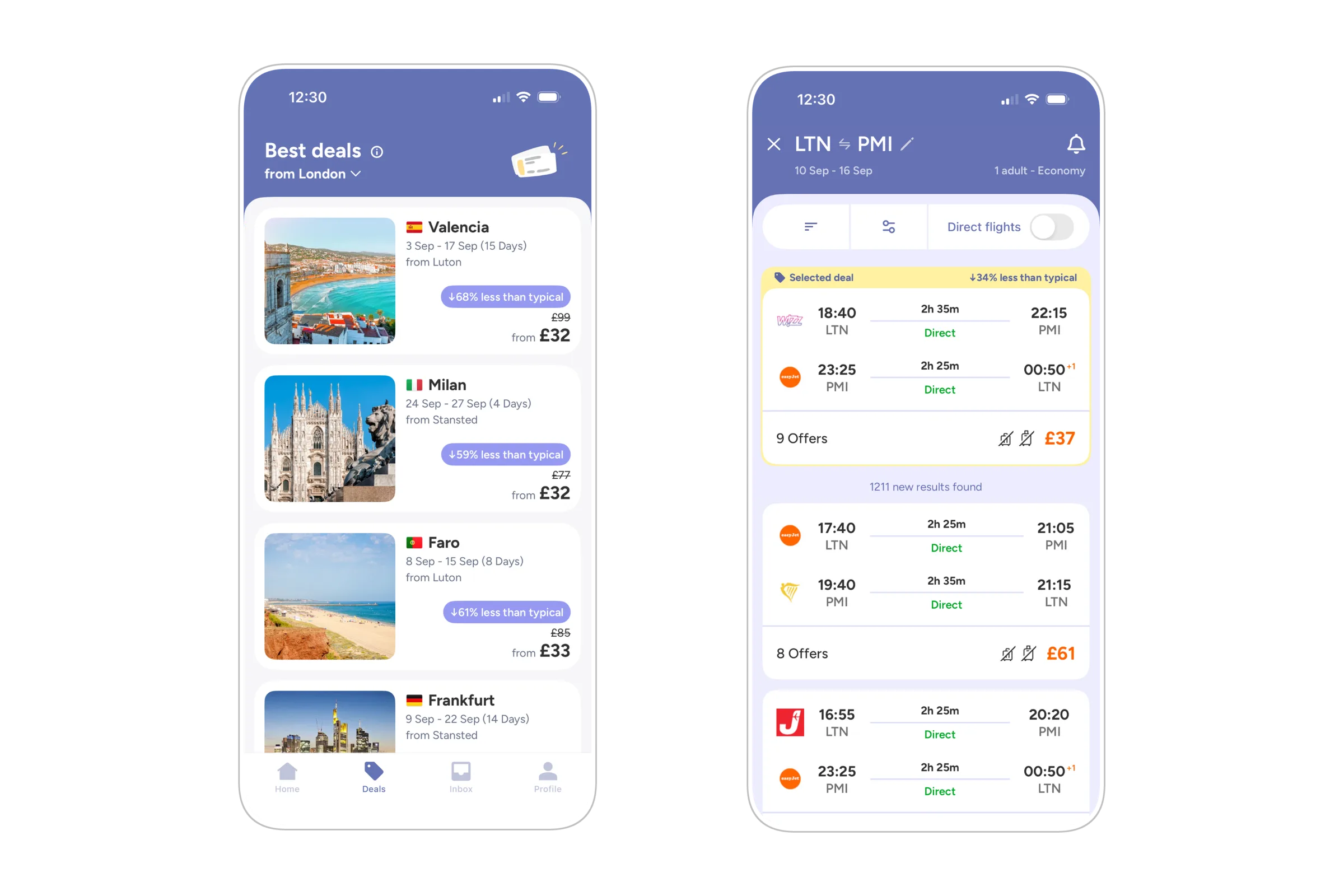 Deals and the results page with the direct-flights filter