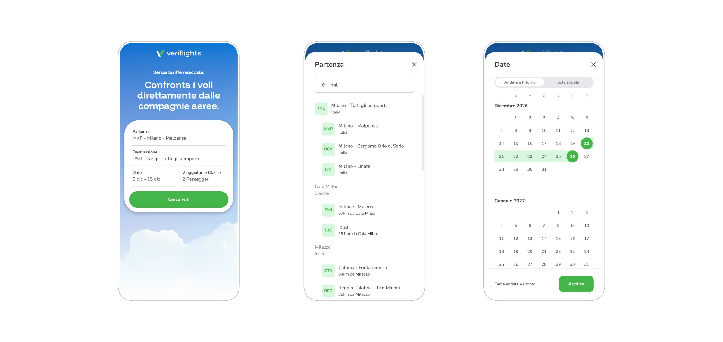 Flight search and date selection on mobile
