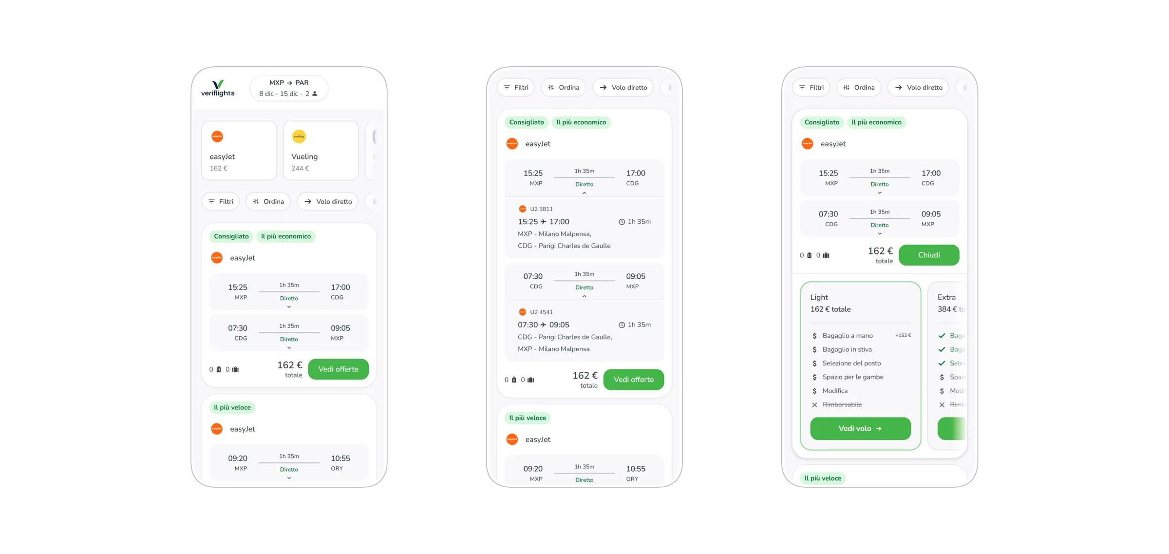Results list and airline fares on mobile