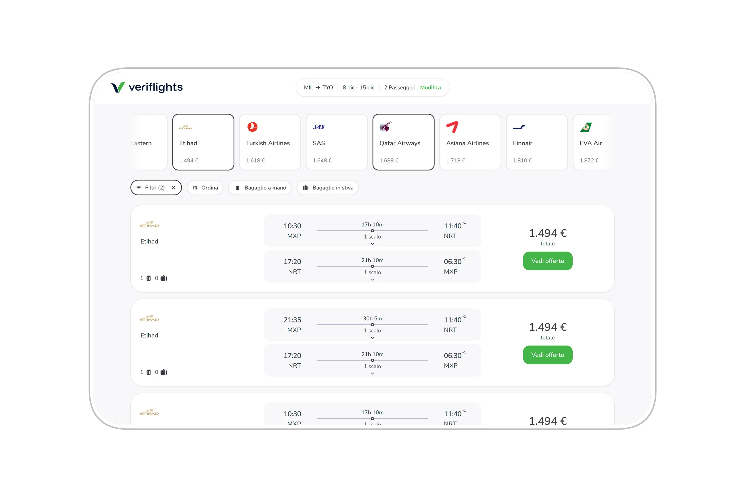 Airline selector at the top of the results