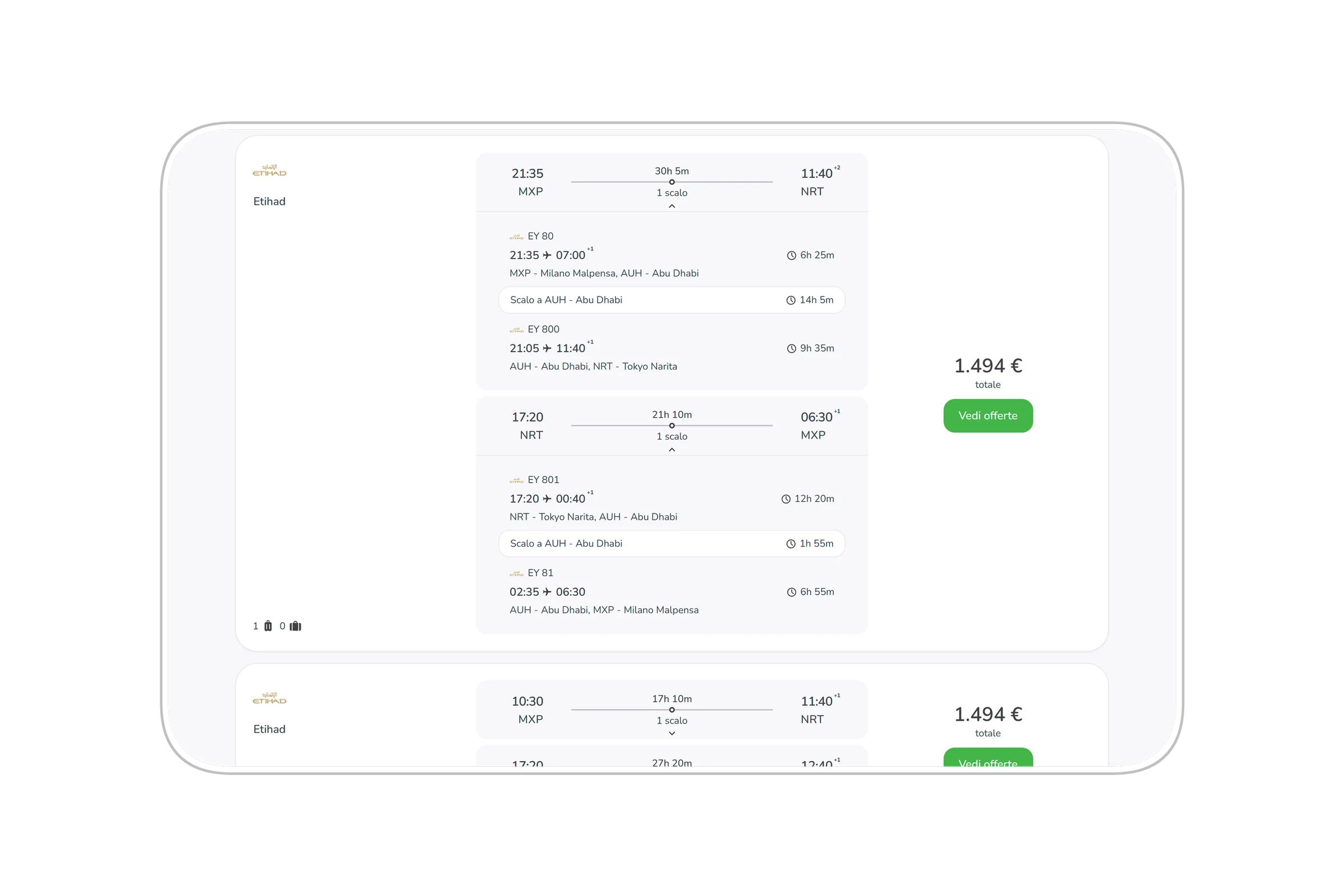 Flight details expanded inside the itinerary card