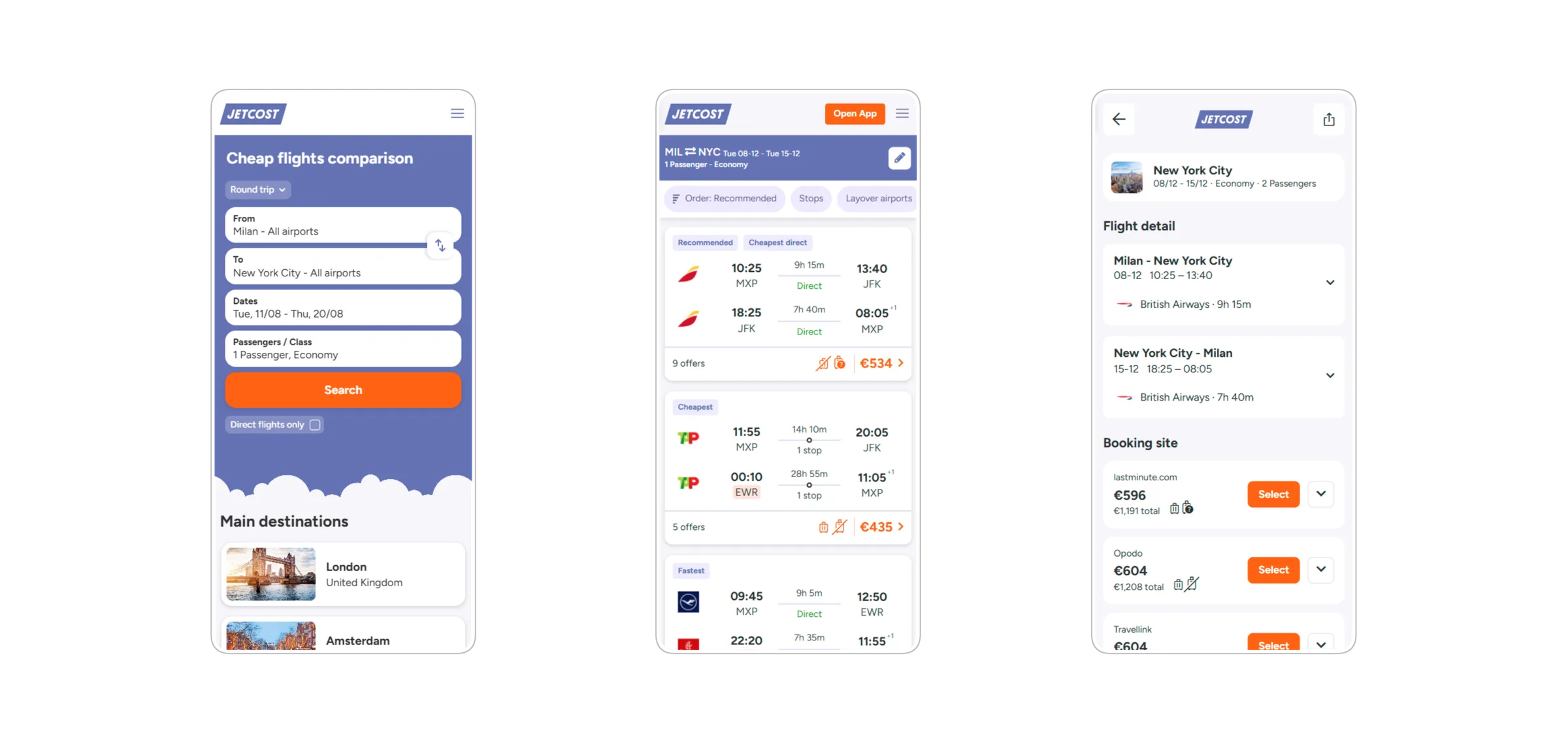 Search flow on mobile: search form, results, detail