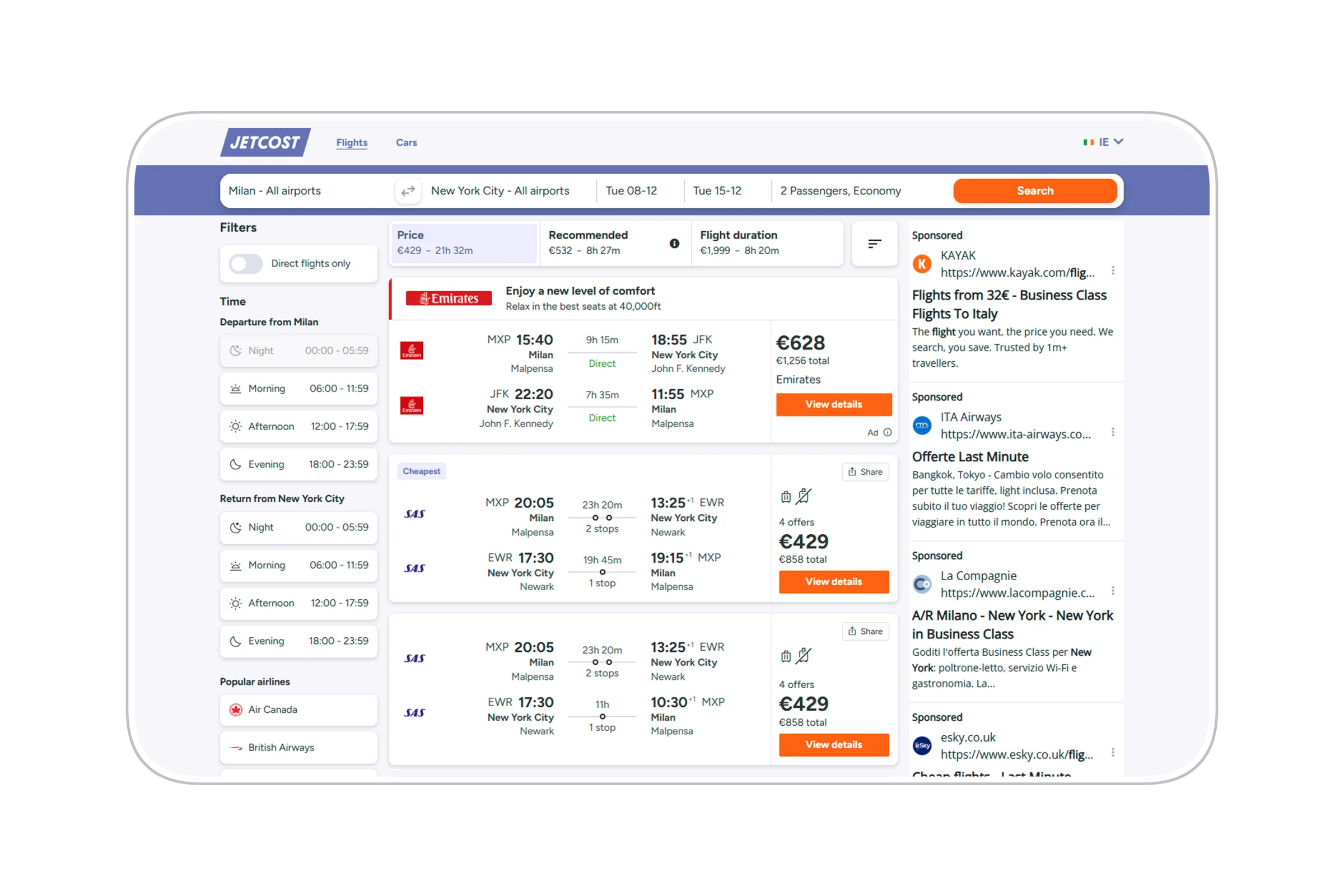 Results page with filters and advertising slots