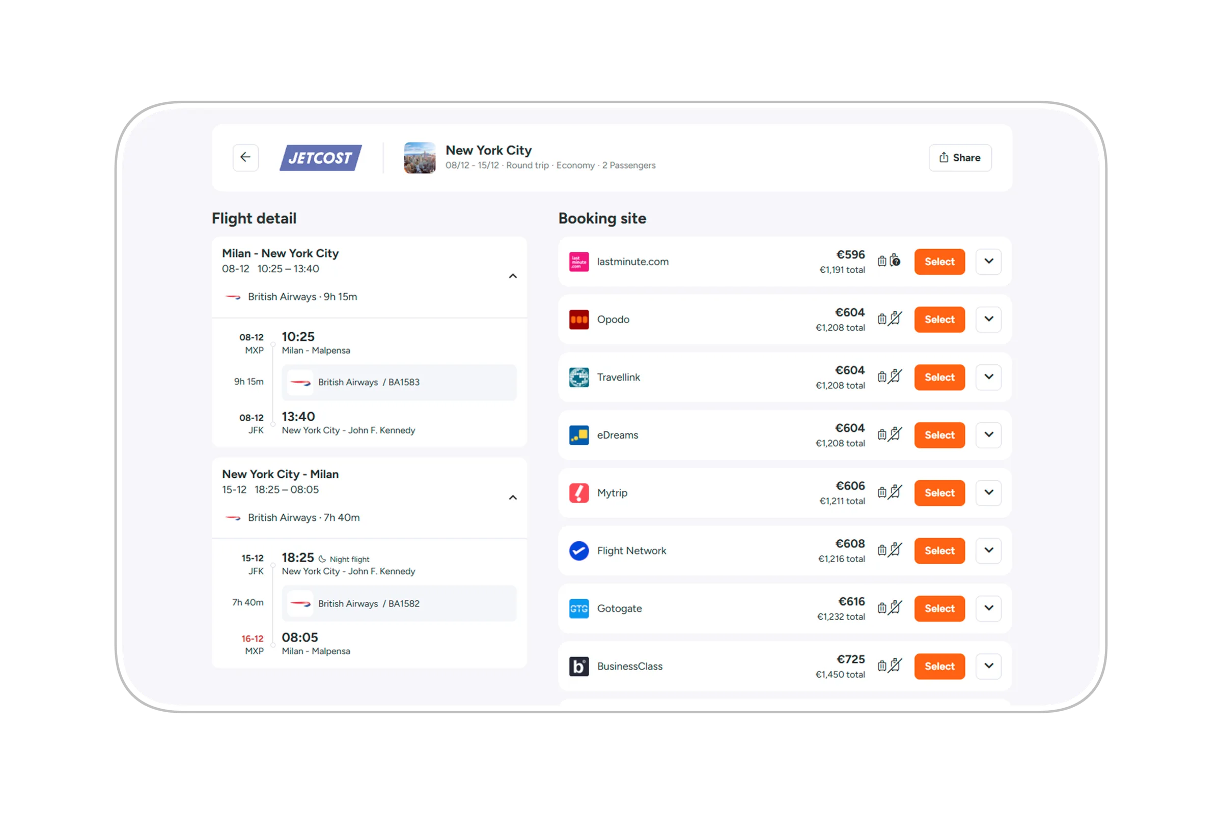 Flight detail page with the booking partners